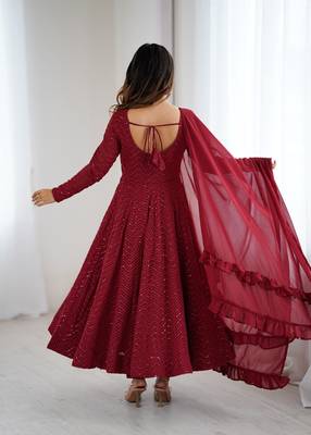 Maroon georgette lucknowi three piece anarkali suit 4
