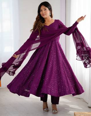 Wine georgette lucknowi three piece anarkali suit 1
