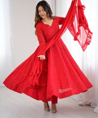 Designer red georgette lucknowi three piece anarkali suit 1