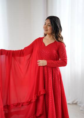 Designer red georgette lucknowi three piece anarkali suit 2