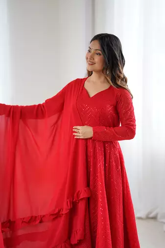 Designer red georgette lucknowi three piece anarkali suit
