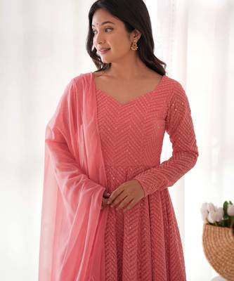 Peach embroidered georgette anarkali set with dupatta 2