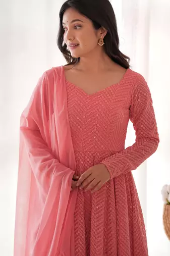 Peach embroidered georgette anarkali set with dupatta