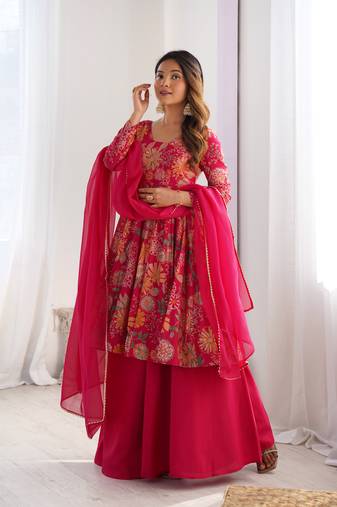 Rani pink color roman silk discharge printed plazzo suit