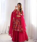 Rani pink color roman silk discharge printed plazzo suit
