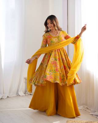 Mustard roman silk discharge printed plazzo suit 1