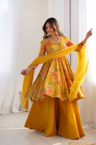 Mustard color roman silk discharge printed plazzo suit