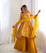 Mustard color roman silk discharge printed plazzo suit