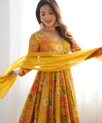 Mustard roman silk discharge printed plazzo suit 2