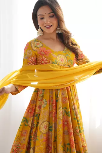 Mustard roman silk discharge printed plazzo suit