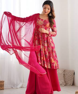 Rani pink roman silk discharge printed plazzo suit 3