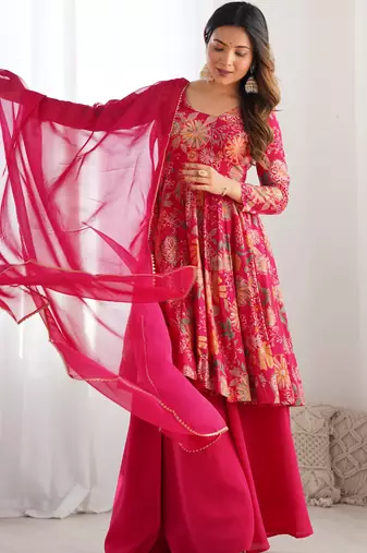 Rani pink roman silk discharge printed plazzo suit