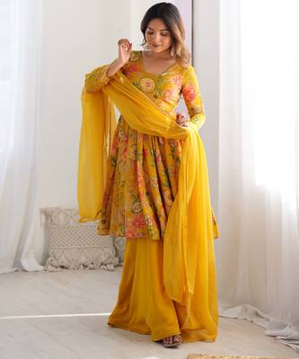 Mustard roman silk discharge printed plazzo suit 3