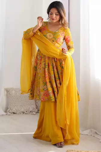 Mustard roman silk discharge printed plazzo suit