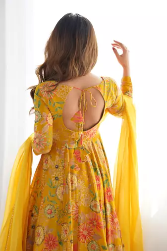 Mustard roman silk discharge printed plazzo suit