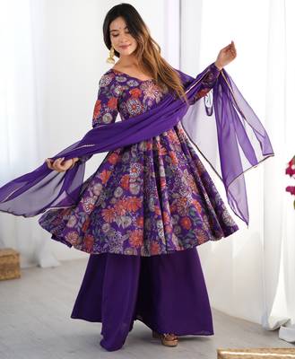 Purple roman silk discharge printed plazzo suit 1