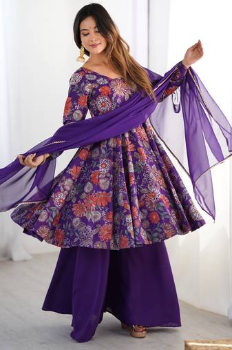 Purple color roman silk discharge printed plazzo suit