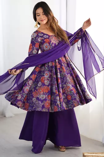Purple color roman silk discharge printed plazzo suit