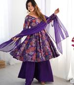 Purple color roman silk discharge printed plazzo suit