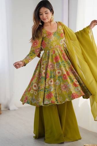 Mehndi color roman silk discharge printed plazzo suit