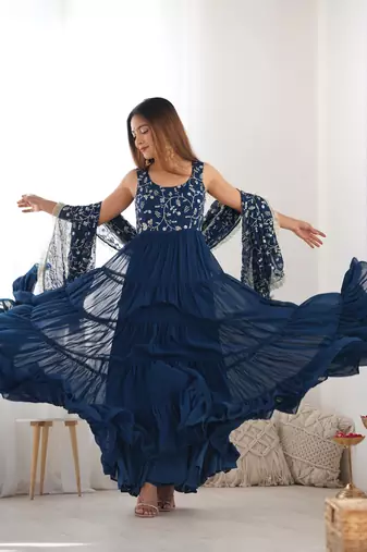 Teal blue embroidered georgette anarkali set