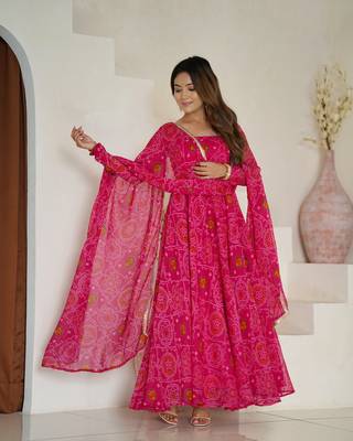 Rani pink bandhej print soft chiffon anarkali gown 1