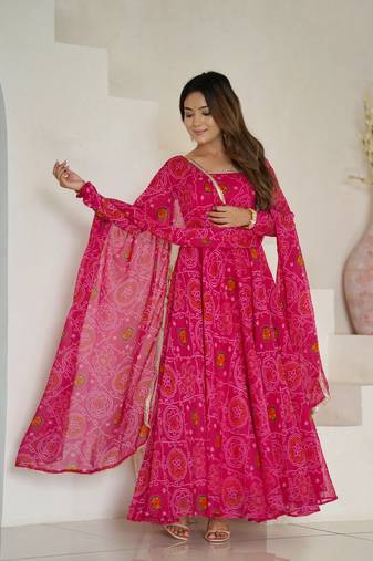 Rani pink color bandhej print soft chiffon anarkali gown