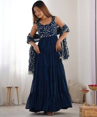 Teal blue embroidered georgette anarkali set 3