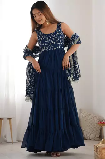Teal blue embroidered georgette anarkali set