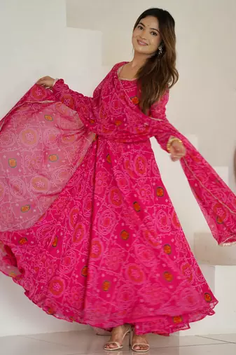 Rani pink bandhej print soft chiffon anarkali gown