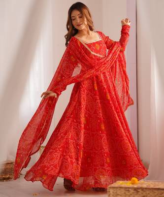 Red bandhej print soft chiffon anarkali gown 1