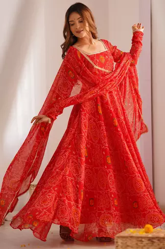 Red color bandhej print soft chiffon anarkali gown