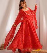 Red bandhej print soft chiffon anarkali gown