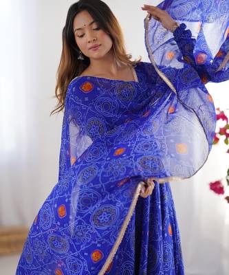 Royal blue bandhej print soft chiffon anarkali gown 2