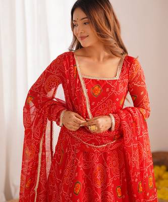 Red bandhej print soft chiffon anarkali gown 2