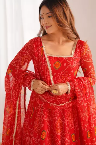 Red bandhej print soft chiffon anarkali gown
