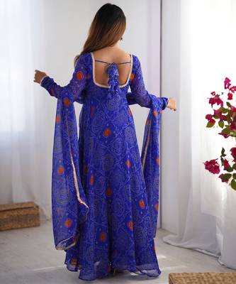 Royal blue bandhej print soft chiffon anarkali gown 4