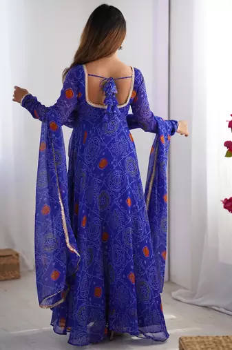 Royal blue bandhej print soft chiffon anarkali gown