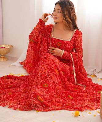 Red bandhej print soft chiffon anarkali gown 3
