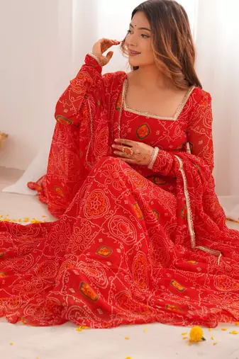 Red bandhej print soft chiffon anarkali gown