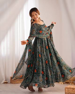 Green bandhej print soft chiffon anarkali gown 1