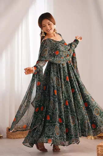 Green color bandhej print soft chiffon anarkali gown