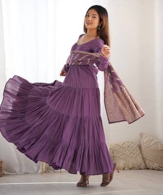 Dusty purple pure roman silk ruffle style anarkali suit 1