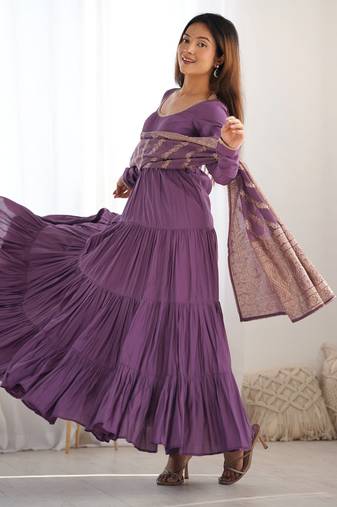 Dusty purple color pure roman silk ruffle style anarkali suit