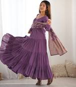 Dusty purple pure roman silk ruffle style anarkali suit