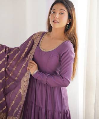 Dusty purple pure roman silk ruffle style anarkali suit 2