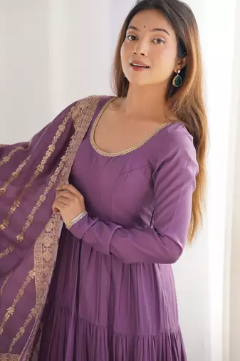 Dusty purple pure roman silk ruffle style anarkali suit