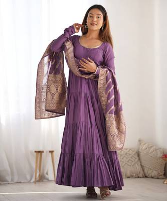 Dusty purple pure roman silk ruffle style anarkali suit 3