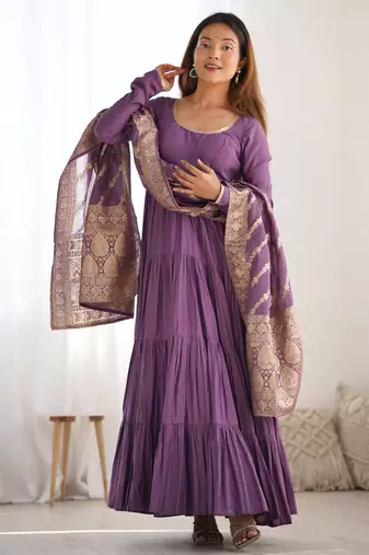 Dusty purple pure roman silk ruffle style anarkali suit