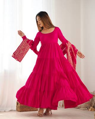 Rani pink pure roman silk ruffle style anarkali suit 1